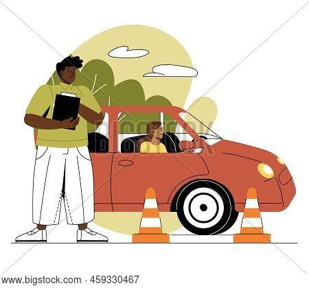 Education In Driving School. Poster Or Banner For Website. Man With Folder Checks Girl Driving Car. 