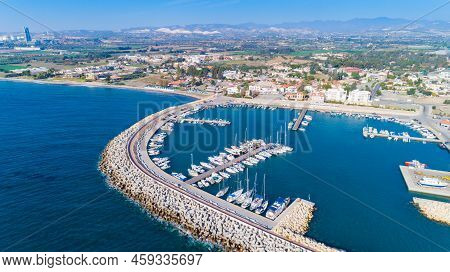 Aerial Bird's Eye View Of Zygi Fishing Village Port, Larnaca, Cyprus. The Fish Boats Moored In The H
