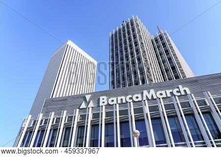 Madrid, Spain - July 30, 2022: Steel And Glass Skyscrapers Headquarters The Multinational Banca Marc