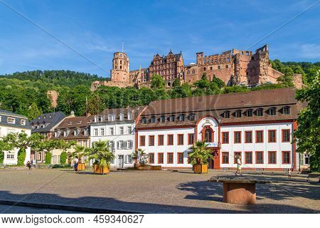 Heidelberg, Germany: June, 2. 2022: Karlsplatz (trans.: Carls Square) In Heidelberg, Germany With Fa