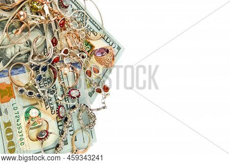 Dollars And Jewelry Isolated On White Background. Free Space For Text.