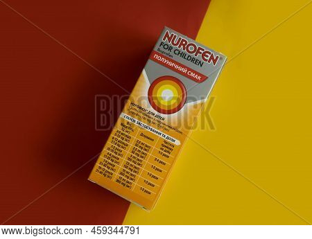 June 4, 2022 Ukraine City Kyiv Nurofen Syrup For Children On A Colored Background