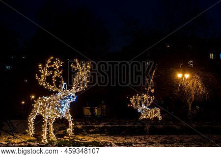 Christmas Decorations In The Gardens Of Cismigiu Park Located In Downtown Bucharest, Romania