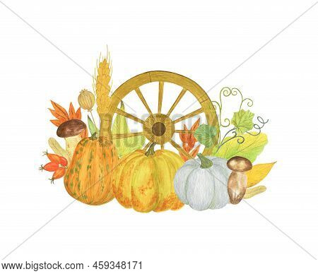 Floral Thanksgiving Arrangement Pumpkin, Yellow Leaves, Wheat, Mushroom, Poppy, Cart Wheel Hand Pain