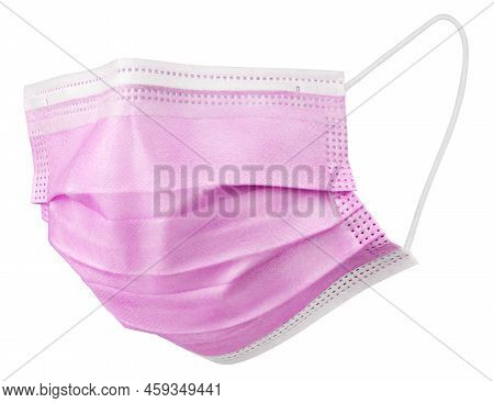 Pink Medical Protective Face Or Surgical Earloop Mask Isolated On White Background With Clipping Pat