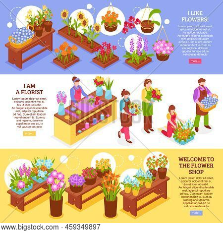 Set Of Three Isometric Florist Banners With Flower Shop Elements Bough-pots Seller Characters And Te