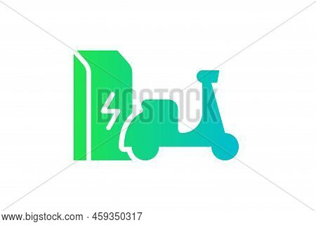 Electric Motorbike Charging In Charger Station Icon. Electrical Moped Energy Charge Green Gradient S