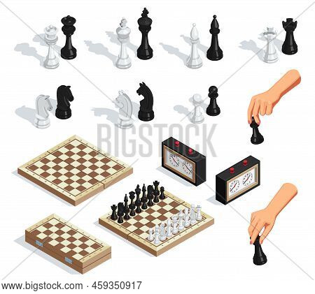 Chess Game Isometric Set With Chessboards King Queen Knight Pieces Hand Moving Pawn Clock Isolated V