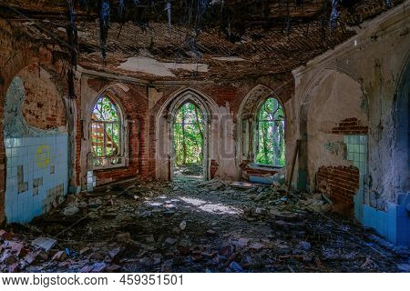 Inside Old Ruined Abandoned Historical Khvostov's Mansion In Gothic Style