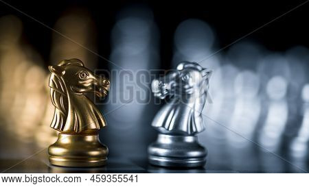 Chess Pieces Arranged On The Chessboard, Business Competition Planing Teamwork Strategic Concept.