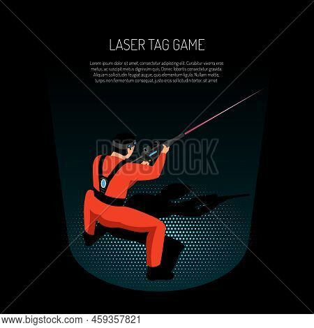 Laser Tag Game Isometric Advertising Poster With Player Firing Target With Infrared Beam Black Backg