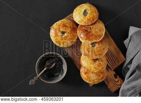 Traditional Christmas Austrian Pies Mohnzelten On Cooking Desk, Top View