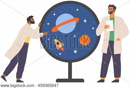 People Work With Space Science Research. Scientists Exploring Universe Nature, Satellite Planet. Col