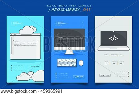 Social Media Post Template With Cartoon Of Computer And Laptop Design For Programmers Day Design