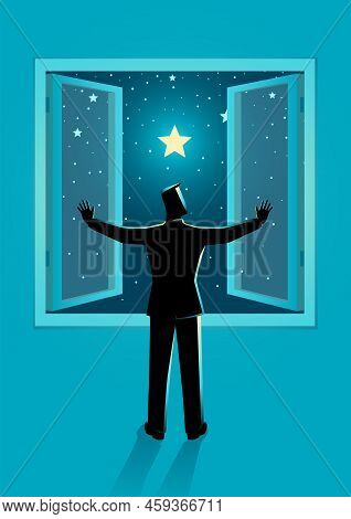 Vector Illustration Of A Man Opening The Window Wide To See Clear Starry Night Sky