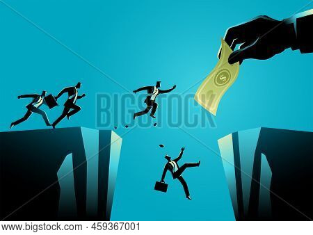Business Concept Illustration Of Businessmen Trying To Reach The Money Hold By Giant Hand Separated 