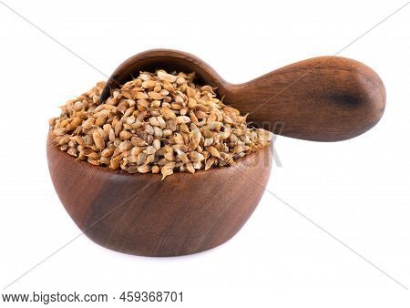Utsho Suneli Seeds In Wooden Bowl And Spoon, Isolated On White Background. Trigonella Caerulea Or Bl