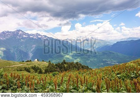 Svaneti, Georgia Landscape On Summer Day. Caucasus Mountain Range View Near Mestia