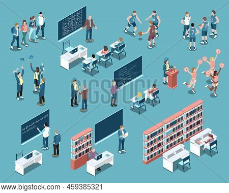 Isometric Set With Students In University Classes Graduates And Sport Team Players Isolated On Blue 