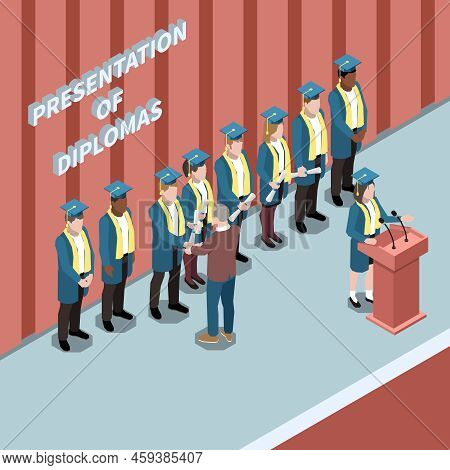 Isometric Composition With University Graduates At Presentation Of Diplomas Ceremony 3d Vector Illus