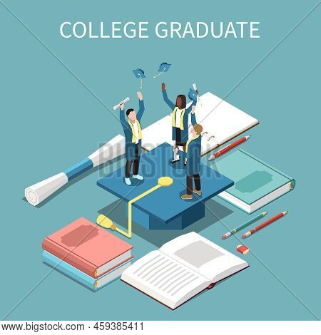 Isometric Composition With Cheerful College Graduates Books And Blue Cap 3d Vector Illustration