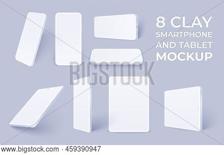 White Smartphone Mockup And Tablet Pack, Clay Realistic Mobile Phone And Pad Template In Different A
