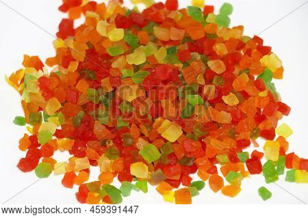 Closeup Image Of Sweet Colorful Tutti Frutti In White Background