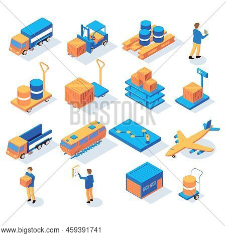 Set Of Isometric Logistics Delivery Icons With People And Images Of Transportation Vehicles And Stoc