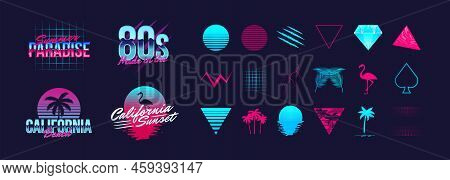 4 Retro Neon Logo Templates And 18 Trendy Elements To Create Your Own Design. Design Elements For T-