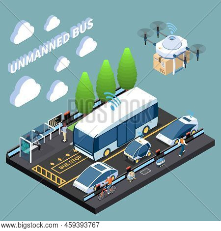 Autonomous Car Driverless Vehicle Robotic Transport Isometric Composition With Futuristic Transport 