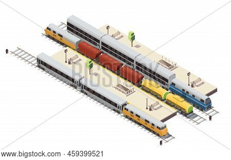 Railway Station Isometric Composition With Passenger Platforms Tunnel Staircase Entrance Freight Tra