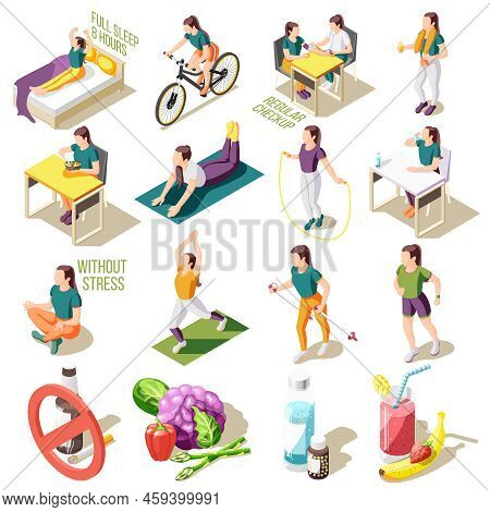Healthy Life Style Isometric Icons Good Sleep And Nutrition Regular Check Up Sports Activity Isolate