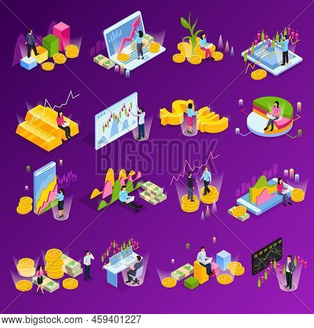 Stock Exchange Isometric Icon Set With Different Graphs Charts Finance Elements Technology In Commer