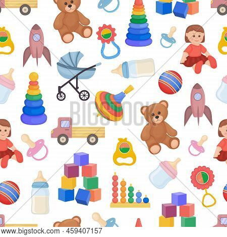 Children Toys Pattern. Seamless Pattern With The Image Of Toys Such As A Bear, A Bundle, A Car, Cube