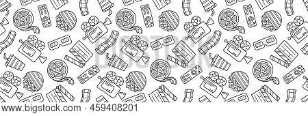 Cinema Seamless Pattern. Doodle Hand Drawn Style. Cinema Elements For Media Production, Festival, Th