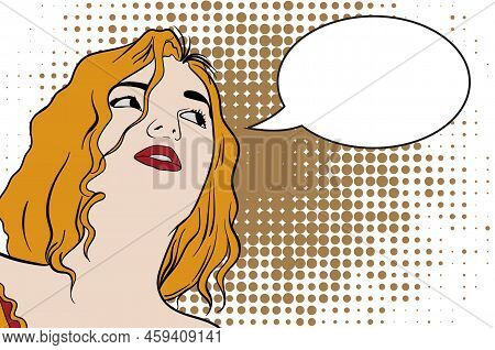 The Beautiful Young Woman Looks Askance Upwards Vintage Vector Illustration