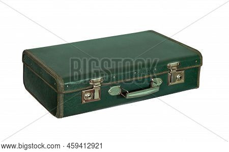 Old Suitcase With Travel Stickers On White Background.