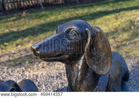 Moscow Region, Russia - November 21, 2019: Monument To The Dachshund Russian Writer Anton Chekhov In