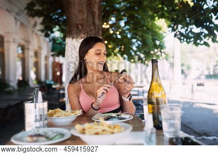 Close-up Woman Having Breakfast Cin Street Cafe Outdoors