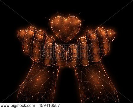Love Or Charity Concept. Hands Holding Heart Symbol Polygonal Vector Illustration On Dark Red Backgr