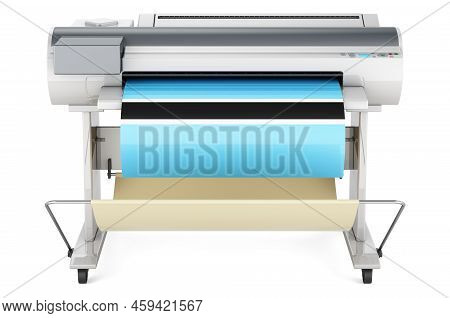Wide Format Printer, Plotter With Botswanian Flag. 3d Rendering Isolated On White Background
