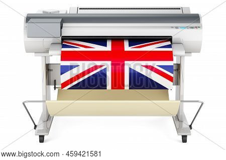 Wide Format Printer, Plotter With British Flag. 3d Rendering Isolated On White Background