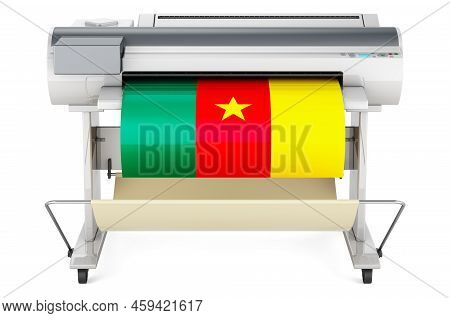 Wide Format Printer, Plotter With Cameroonian Flag. 3d Rendering Isolated On White Background