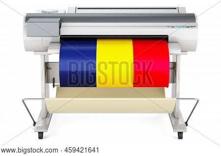 Wide Format Printer, Plotter With Chadian Flag. 3d Rendering Isolated On White Background