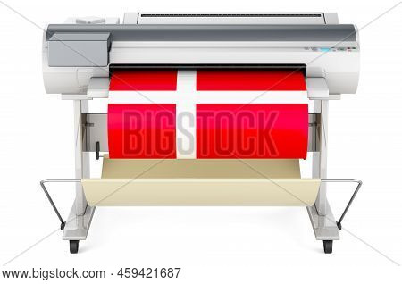 Wide Format Printer, Plotter With Danish Flag. 3d Rendering Isolated On White Background