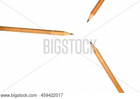 Pencils On A White Background. In The Photo There Are 3 Pencils On A White Background.