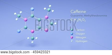Caffeine, Guaranine. Molecular Structures, 3d Rendering, Structural Chemical Formula And Atoms With 