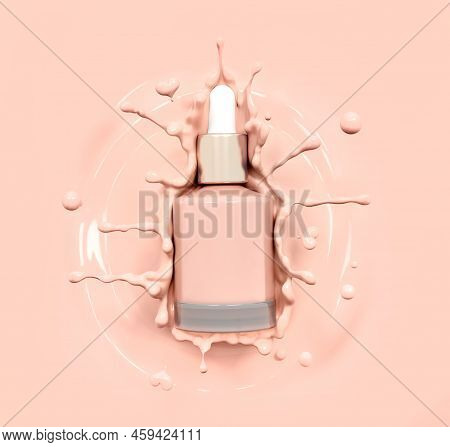 Blank Cosmetics Skincare Product Or Packaging For Mock Up. Liquid Makeup Foundation Bottle With Cosm