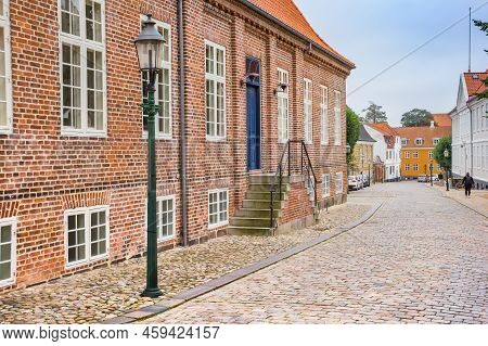 Cobblestoned Street With Historic Houses In Viborg, Denmark