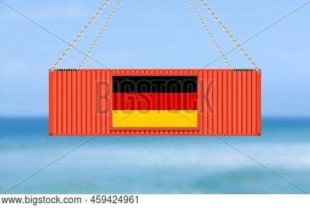 Hanging Cargo Container In Blue Cloud Sky.
Concept For Import Export Business In Germany.
